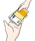 Eine Hand reicht einer anderen einen Stapel Geldscheine Eine Hand reicht einer anderen einen Stapel Geldscheine