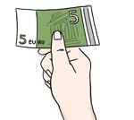 Eine Hand hält einen 5-Euro-Schein hoch. Eine Hand hält einen 5-Euro-Schein hoch.